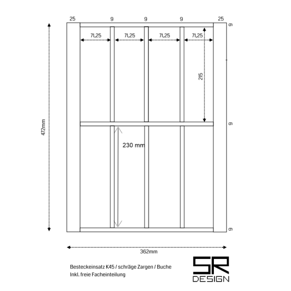 Besteckeinsatz K45 für schräge Zargen. Sonderanfertigung. Buche.