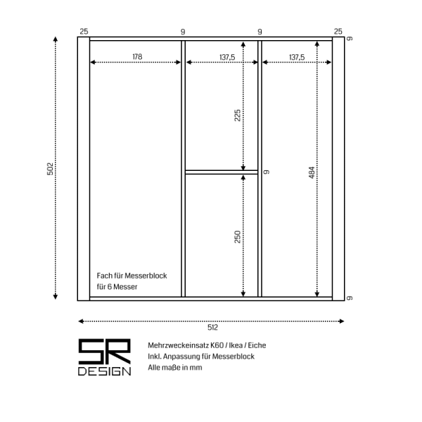 Mehrzweckeinsatz K60 für Ikea. Inkl. Anpassung für Messerblock. Eiche.