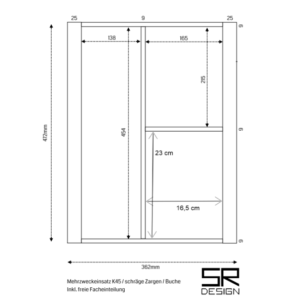 Mehrzweckeinsatz K45 für schräge Zargen. Sonderanfertigung. Buche.