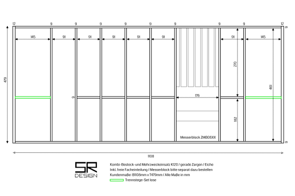 Kombi Besteck- / Mehrzweckeinsatz K120 für gerade Zargen. Eiche.