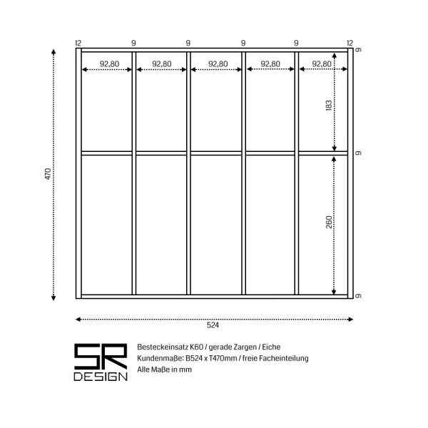 Besteckeinsatz K60 für gerade Zargen. Inkl. frei Facheinteilung. Eiche.