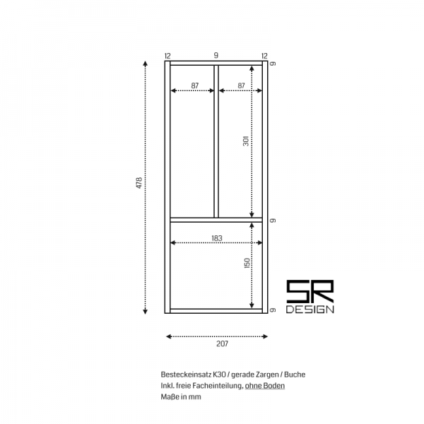 Besteckeinsatz K30 für gerade Zargen. Ohne Boden. Buche.